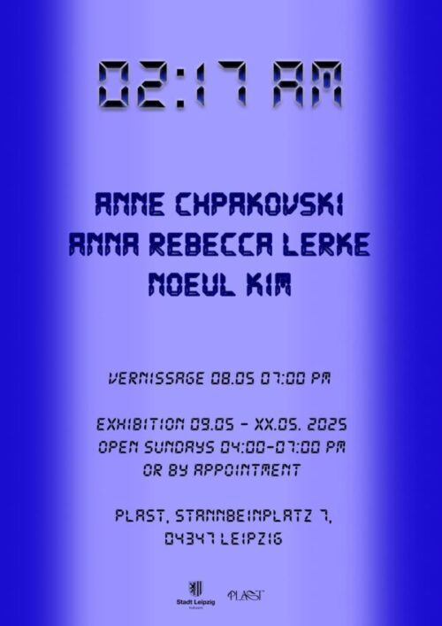 Poster for the exhibition ‘02:17 AM’ with event dates on a blue background
